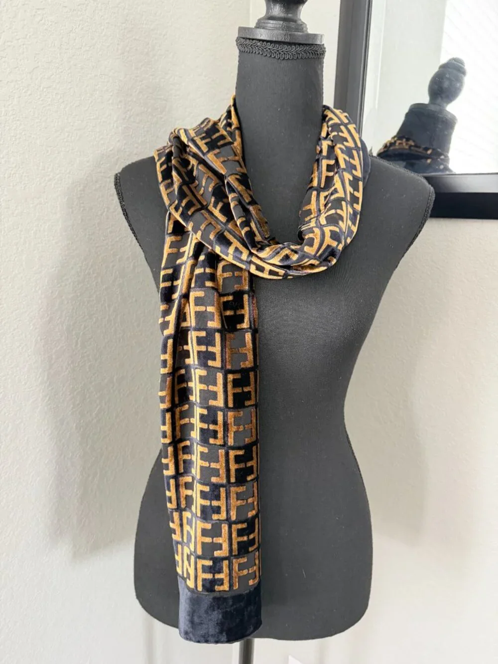 VTG FENDI Zucca Silk Velvet Black Gold Metallic FF Monogram Scarf RARE